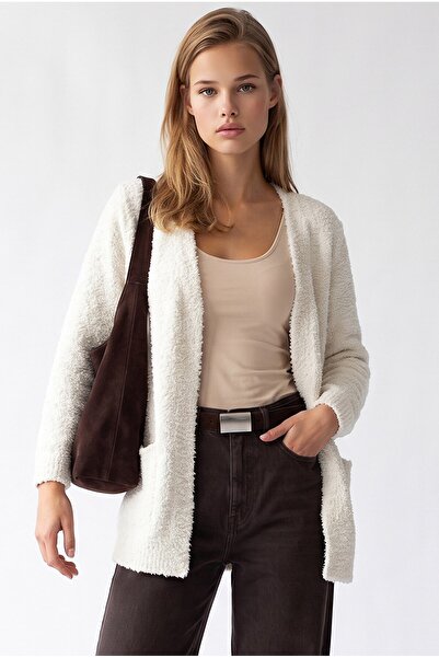 Mixray 7069 Kadın Buklet Dokulu Cepli Oversize Triko Hırka Krem