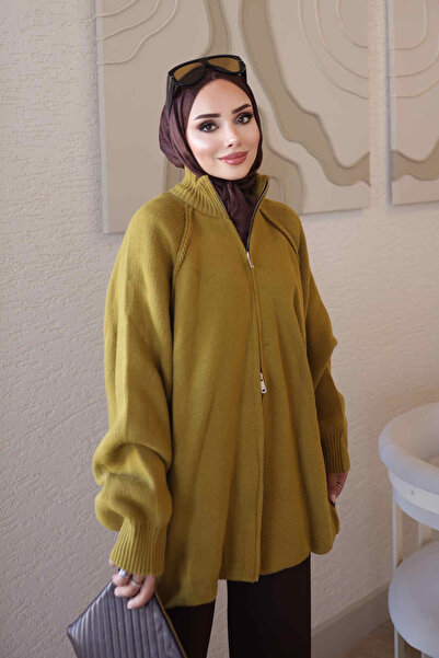 İmajButik Yağ Yeşili Rosie Fermuarlı Pike Triko Hırka