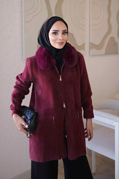 İmajButik Burgundy Soft Fur Collared Angora Knitwear Cardigan