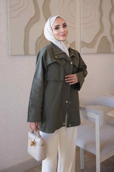 İmajButik Haki Fermuarlı Çıtçıtlı Gabardin Ceket