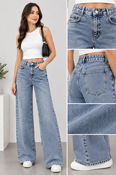Kadın Mavi Yüksek Bel Palazzo Baggy Kot pantolon Wide Leg Bol Paça Jean Kot Pantolon