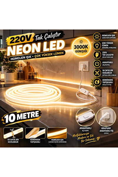 ECONA 10 METRE 3000k-günışığı 220V Neon LED Şerit ,Tak Çalıştır Set, Fişli An...