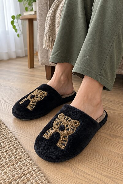 Platana Women's Black Faux Fur Tiger Figured Comfortable Plush House Slippers