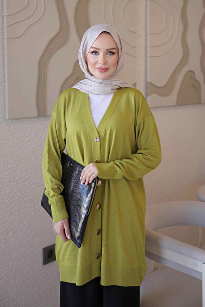 İmajButik Oil Green Cold Yarn Stoned Mercerized Knitwear Cardigan