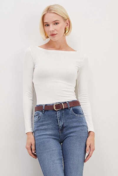 Fulla Moda Basic Kayık Yaka Slim Fit Bluz