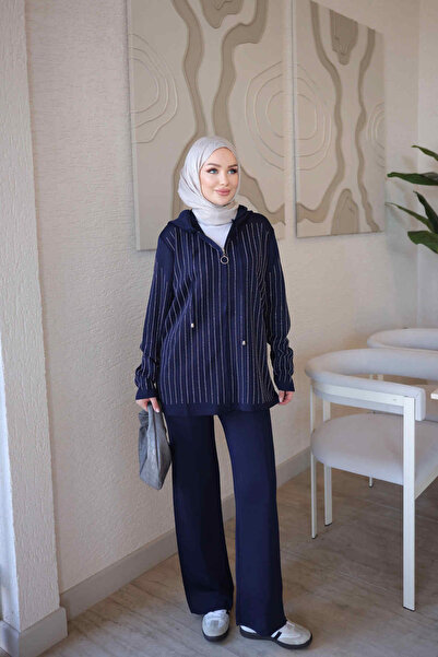 İmajButik Lacivert Kapüşonlu Tunik Pantolonlu Taşlı Triko Takım