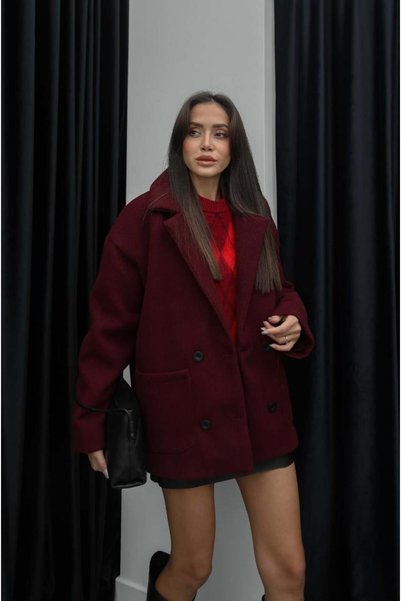 Perry Boutique Burgundy Double-Breasted Collar Lined Knitwear Jacket with Self-Twill Pockets