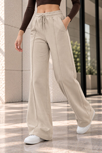 QUHOX Women's High Waist Wide Leg Palazzo 3 Thread Sweatpants - Beige