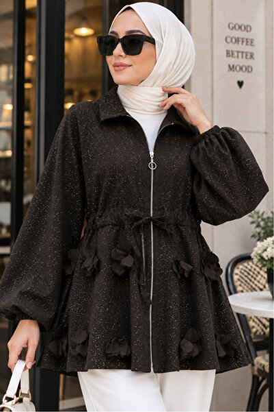 ShopFast Serpme Simli Tünel Bağcıklı Balon Kol Fermuarlı Ceket-sweat