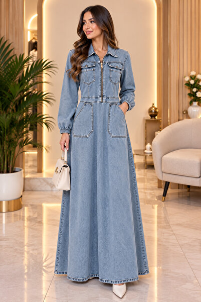 Kadın Fermuarlı Cepli Uzun Denim Elbise