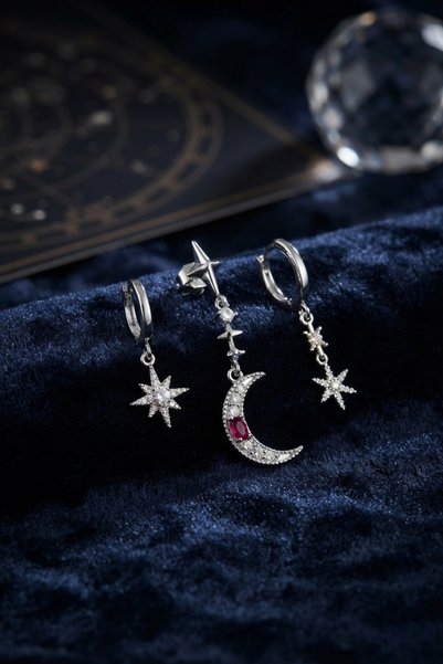 Lovesta Home Silver Color 3-Piece Moon and Star Model Earrings Tj-Bkp11965