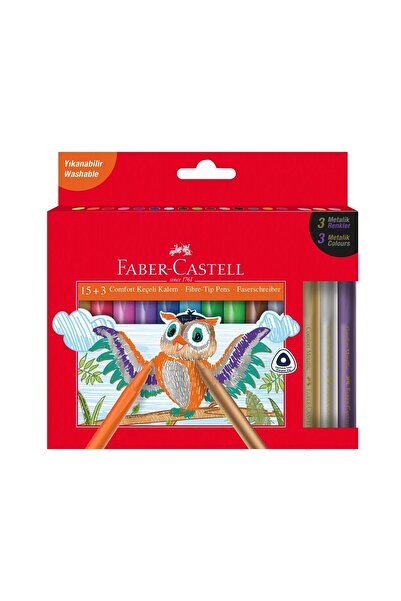 Faber Castell Boyama Seti Comfort Keçeli Kalem 15+3 Metalik Renk ve Çift Uçlu Bicolor Kuru Boya 24