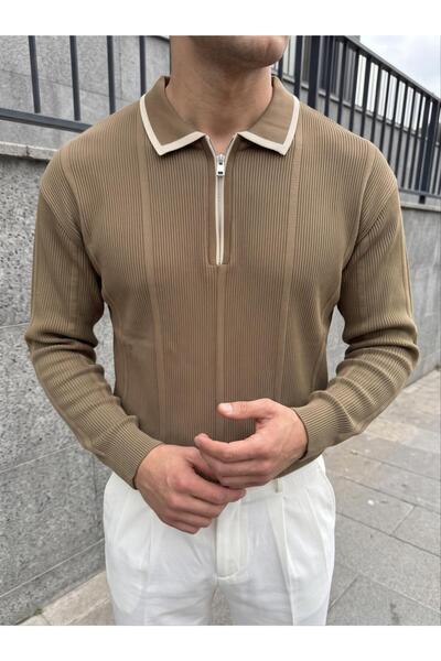 Gambocci Men's Self-Zip Striped Knitwear Polo Collar Sweater with Collar Detail