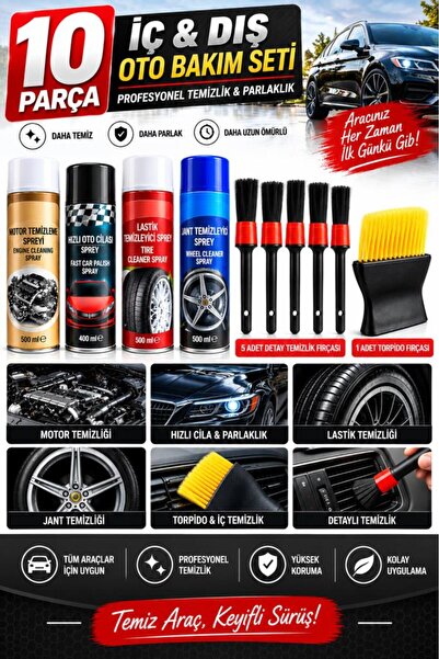 DepoMega 10 Parça Full Oto Bakım Seti Motor Jant Lastik Temizleyici Hızlı Cil...