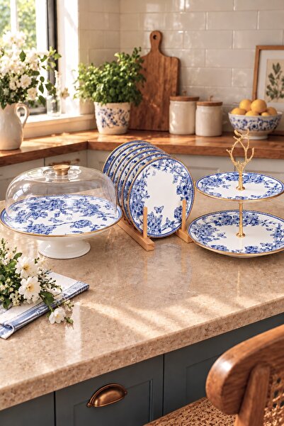Pinkev Blue Floral Patterned 8 Piece Ceramic Cake Presentation Plate Set for ...