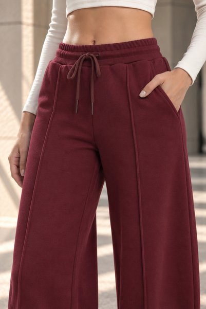 QUHOX Women's High Waist Wide Leg Palazzo 3 Thread Sweatpants - Burgundy