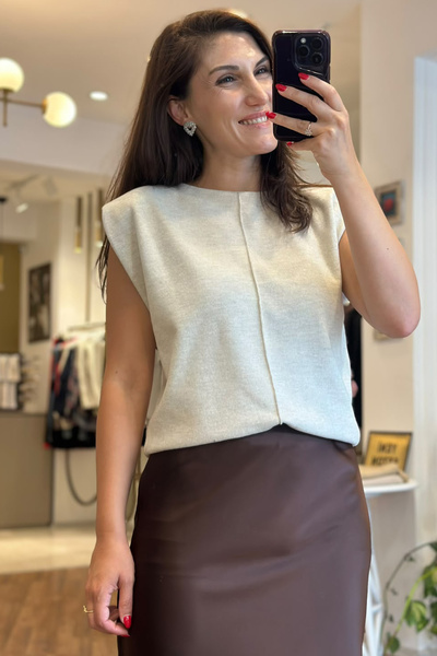 Unique Boutique Beige Soft Textured Zero Sleeve Knitwear