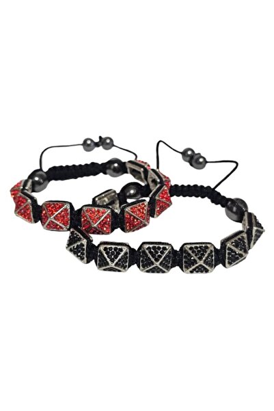 Nafpro Set de 2 brățări Shamballa de damă, reglabile, roșu/negru, metal/textil