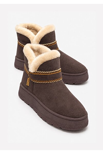 CCWAY AYAKKABI Embroidered Fur Thick Sole Children's Boots 28-31 Brown