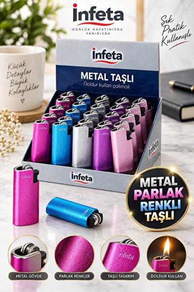 İnfeta Metal Parlak Renkli Taşlı Cep Çakmak Doldur Kullan