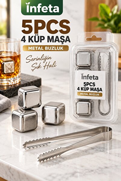 İnfeta 5 Parça Metal Buz Küpü Seti 4 Küp ve Maşa Küp Şekilli