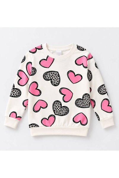 Fil Kids Girl's Cotton Fabric White Color Heart Patterned Long Sleeve Seasonal Pajama Set