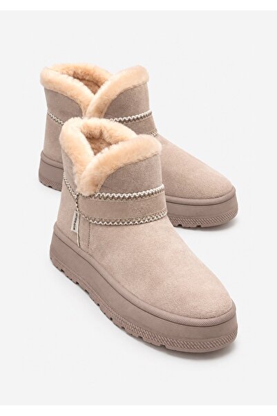 CCWAY AYAKKABI Embroidered Fur Thick Sole Children's Boots 28-31 Beige