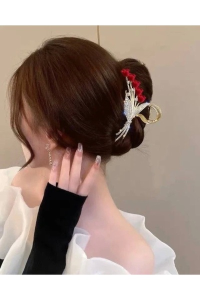Glamluxe Lüks Kırmızı Kadife Laleli ve Taşlı Metal Mandal Toka İnci Detaylı G...
