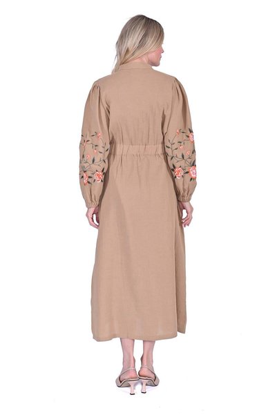 Invee Kolu Nakışlı Elbise CAMEL