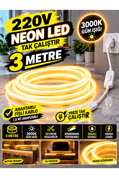ECONA 3 METRE 3000K-GÜNIŞIĞI Neon LED Şerit ,1.5 Metre Anahtarlı Kablolu Tak ...