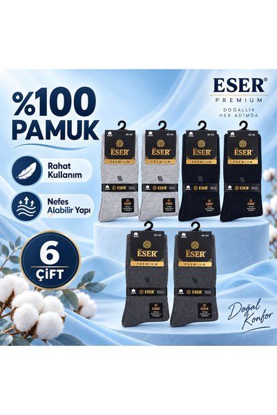 ESER Premium Erkek Uzun Çorap 6 Çift %100 Pamuk Nefes Alabilir Siyah Günlük Çorap
