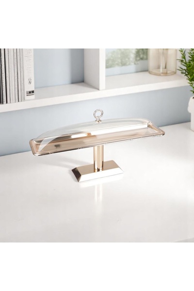 SOLETER Fobi Cake Plate with Lid Gold Small - Rectangular Elevated Serving Tr...