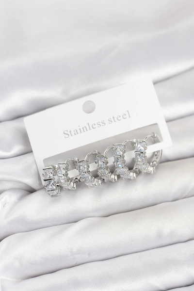 Lovesta Home 316L Steel Silver Color Baguette Zircon Stone Hoop Earrings Set ...