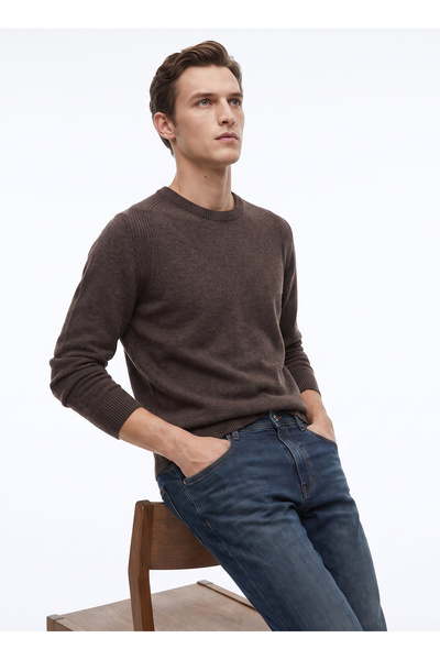 Fabrika Kahverengi Erkek Bisiklet Yaka Slim Fit Triko Kazak F6WM-KZK 2020
