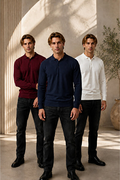 COMBİNE MİCHAİL Men's Winter 3-Piece Polo Collar Knit Sweater