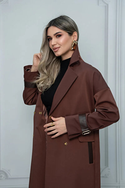 Eccim Fashion Deri Kol Detaylı Broşlu Maxi Boy Kadın Trençkot