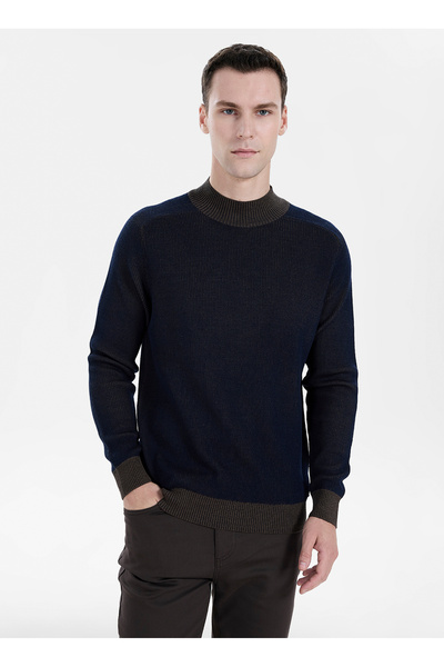 Fabrika Navy Blue Men's Crew Neck Slim Fit Ribbed Sweater F6Wm-Kzk 2027