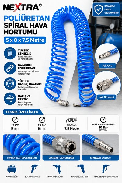 NEXTRA Poliüretan Spiral Hava Hortumu 5x8 mm 7,5 Metre Jak Ucu ve Jak Gövdeli Kompresör Hava Hortumu