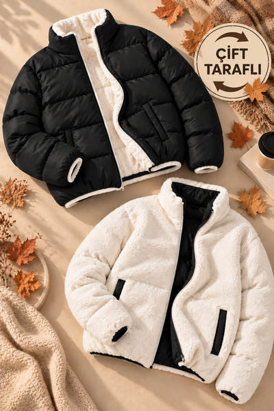 legends butik Unisex Çift Taraflı Peluş Şişme Mont Fermuarlı Çift Cepli Kalın...
