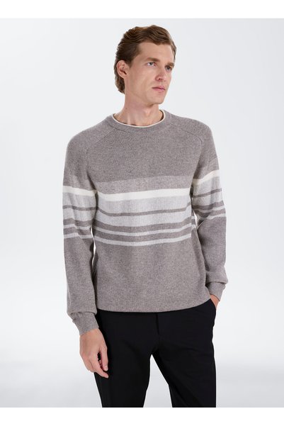 Fabrika Mink Men's Crew Neck Slim Fit Striped Sweater F6Wm-Kzk 2039