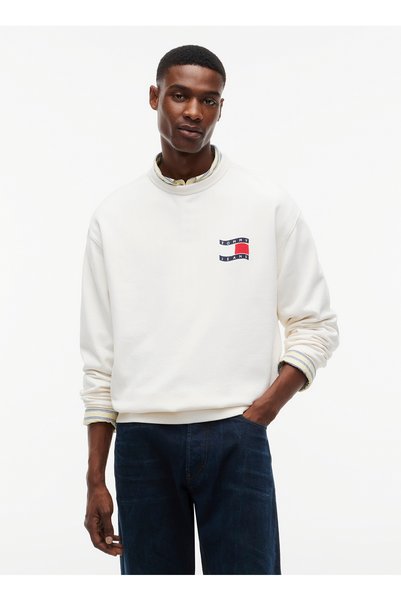 Tommy Jeans Beyaz Erkek Sweatshirt DM0DM23590YBH TJM RLX WAVY FLAG SW