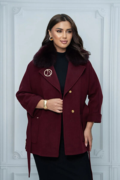 Eccim Fashion Yırtmaç Detaylı Broşlu Kürk Yaka Büyük Beden Kısa Kadın Palto K...