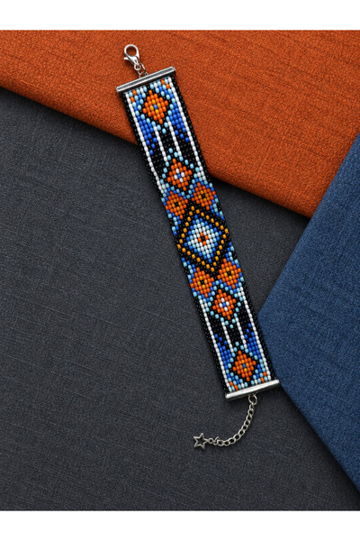 Geniş Geometrik Baklava Kilim Motifli El Dokuma Boncuk Bileklik