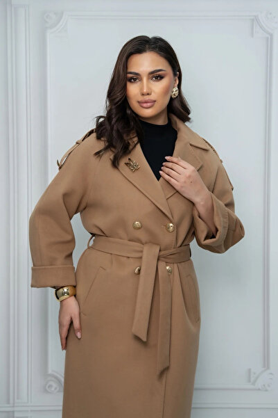 Eccim Fashion Deri Apoletli Düğme Detaylı Broşlu Büyük Beden Maxi Boy Kadın P...