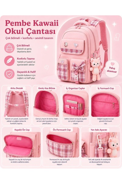 Okul çantası kawai pembe çok bölmeli peluş aksesuar