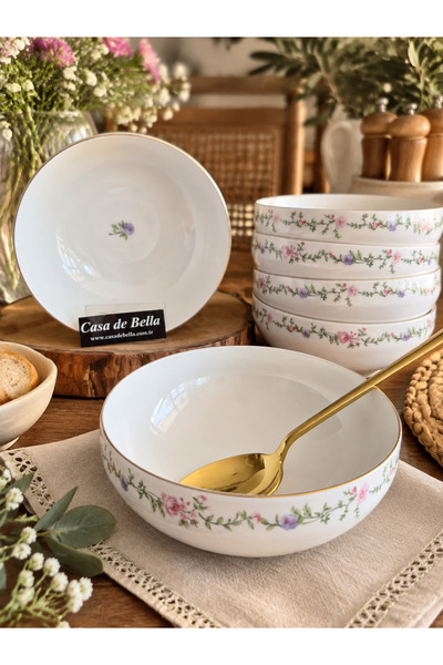 CASA DE BELLA 6 KİŞİLİK GOLD YALDIZLI ÇİÇEK DESENLİ ÇORBA KASESİ 14CM
