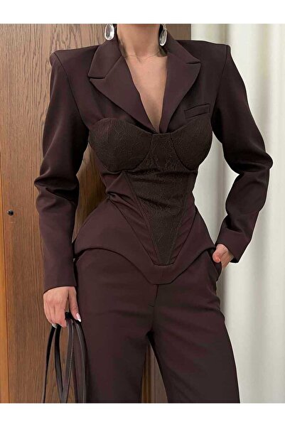 Julidress Crop Jacket, Lace Detailed Corset Blouse and Trousers 3-Piece Premi...