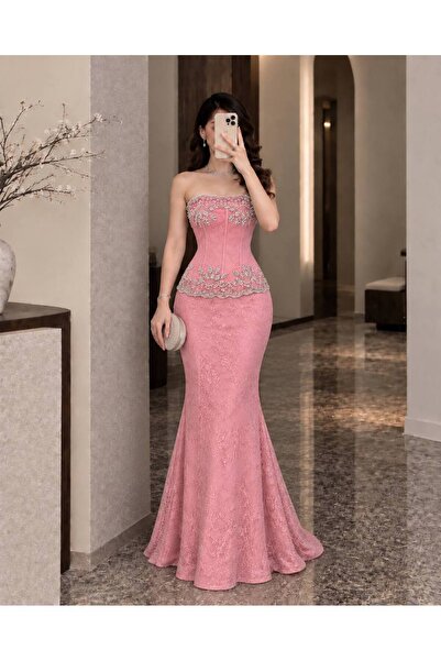 Calissa Store Pink Lace Mermaid Evening Dress with Exotic Pearl and Crystal E...