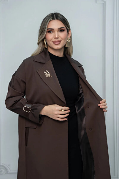 Eccim Fashion Deri Kol Detaylı Broşlu Maxi Boy Kadın Trençkot
