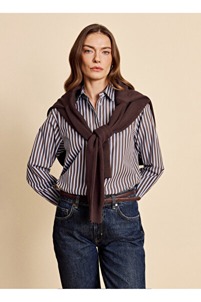BROOKS BROTHERS Kahve - Mavi Kadın Regular Fit Çizgili Gömlek BBFW26FSH008